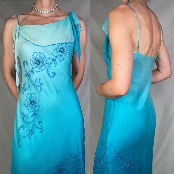 Cache beaded sequin floral slip dress Elsa ombre blue asymmetric fairy prom M - Picture 14 of 16